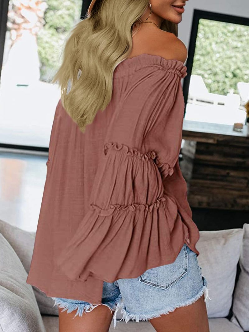 Farktop Womens Off The Shoulder Long Bell Sleeve Tops Flared Casual Loose Blouse (Z Brick red, X-Large) - Image 3